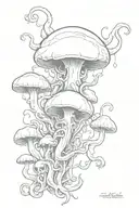 a slightly curved tattoo for the inner part of the right knee that has spooky vibe and tentacles and mushrooms tattoo design idea