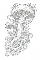 a slightly curved tattoo for the inner part of the right knee that has spooky vibe and tentacles and mushrooms tattoo design idea
