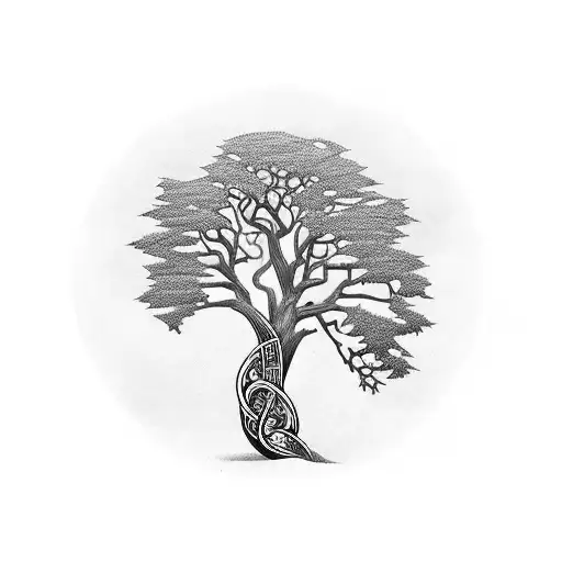 Cedar tree intertwined with musical notes tattoo design idea