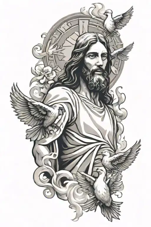 jesus christ with doves and smoke rising tattoo design idea