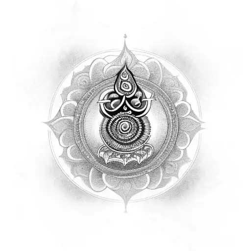 A black-grey tattoo of Lord Venkateswara with chakra showingthe client's passion for traditional music and spirituality. tattoo design idea