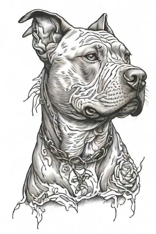 Pit bull with open and angry sad broken character story tattoo design idea