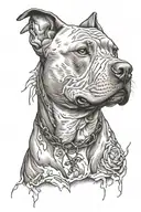 Pit bull with open and angry sad broken character story tattoo design idea