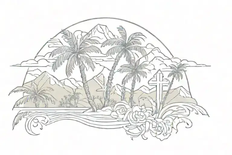 rose, roman numeral date, cross, palm tree, mountains tattoo design idea