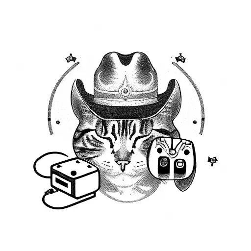 A blackwork tattoo of a cat wearing a cowboy hat and boots, playing a video game controller that is made out of tools. tattoo design idea