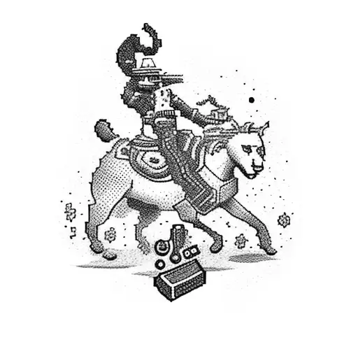 A dotwork tattoo of a cowboy cat riding a pixelated horse, with a video game controller as a lasso. tattoo design idea
