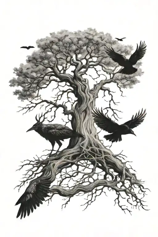 Dying oak tree with crows flying above roots going down arm with dates 04/16/14 11/04/16 3/30/18 in roots elk cougar bea tattoo design idea