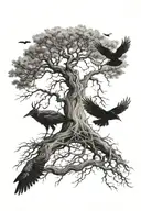 Dying oak tree with crows flying above roots going down arm with dates 04/16/14 11/04/16 3/30/18 in roots elk cougar bea tattoo design idea