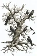 Dying oak tree with crows flying above roots going down arm with dates 04/16/14 11/04/16 3/30/18 in roots elk cougar bea tattoo design idea
