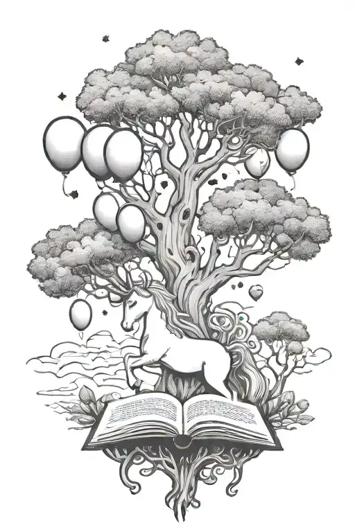 A unicorn reading a book under a tree surrounded by floating balloons, representing a whimsical and magical world of literature tattoo design idea