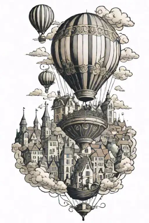 A hot air balloon flying over a Victorian cityscape, with intricate details of buildings and streets below, combining the love for balloons and Victorian imagery tattoo design idea