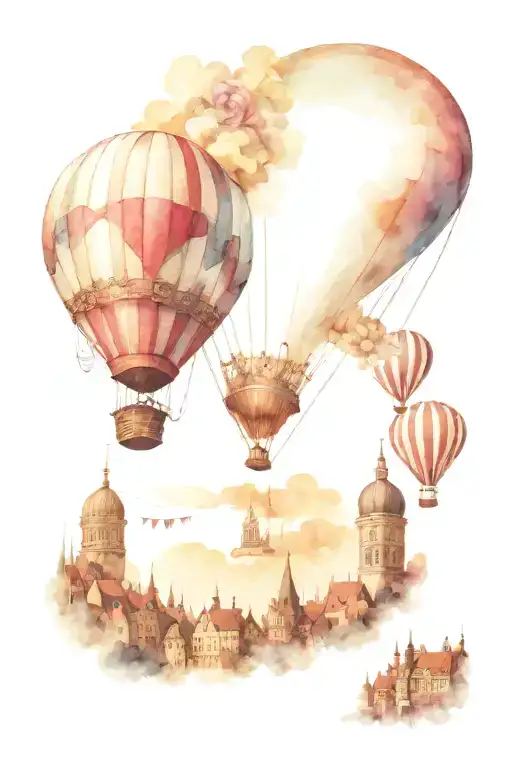 A hot air balloon flying over a Victorian cityscape, with intricate details of buildings and streets below, combining the love for balloons and Victorian imagery tattoo design idea