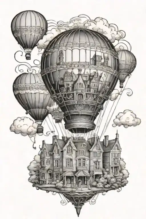 A hot air balloon flying over a Victorian cityscape, with intricate details of buildings and streets below, combining the love for balloons and Victorian imagery tattoo design idea
