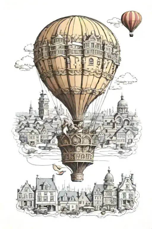 A hot air balloon flying over a Victorian cityscape, with intricate details of buildings and streets below, combining the love for balloons and Victorian imagery tattoo design idea