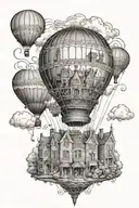 A hot air balloon flying over a Victorian cityscape, with intricate details of buildings and streets below, combining the love for balloons and Victorian imagery tattoo design idea