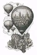 A hot air balloon flying over a Victorian cityscape, with intricate details of buildings and streets below, combining the love for balloons and Victorian imagery tattoo design idea