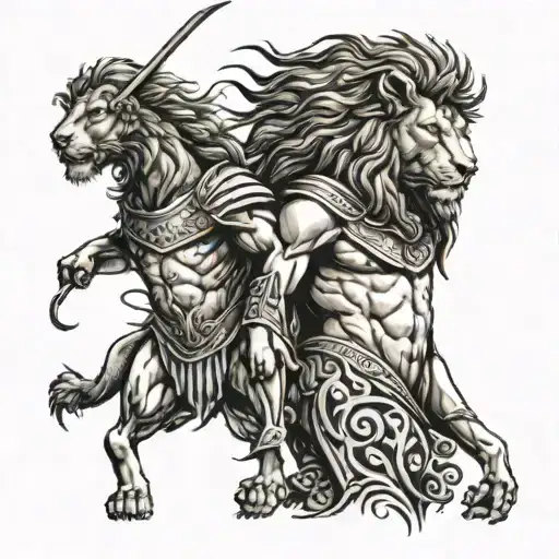 A Greek warrior with a lion companion, representing bravery and loyalty in battle tattoo design idea