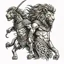 A Greek warrior with a lion companion, representing bravery and loyalty in battle tattoo design idea