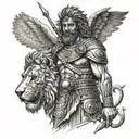 A Greek warrior with a lion companion, representing bravery and loyalty in battle tattoo design idea