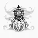 realistic king Neptune with lighthouse tattoo design idea