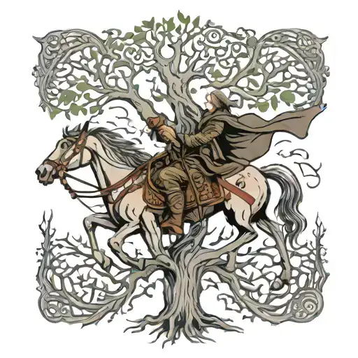 At the root of the tree in 'The Lord of the Rings,' DNA forms roots at the root, with a man on horseback holding a flag  tattoo design idea
