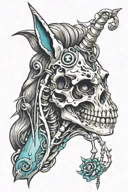 unicorn skeleton chained tattoo design idea