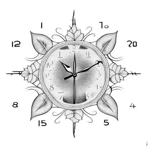 A clock intertwined with vines and flowers tattoo design idea