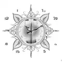 A clock intertwined with vines and flowers tattoo design idea