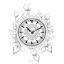 A clock intertwined with vines and flowers tattoo design idea