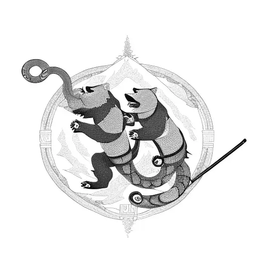 A bear and a samurai engaged in a fierce battle, with a snake coiled around the samurai's sword tattoo design idea