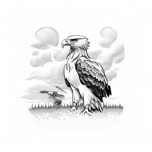 Depict a hunter kneeling in a field with a bald eagle soaring overhead in a blackwork design tattoo design idea