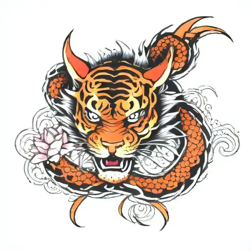 get a tattoo with a dragon, snake, tigers, two carps and lotus flowers tattoo design idea