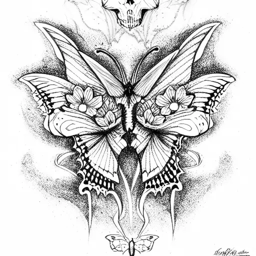 evil butterfly, wolf skull, flowers tattoo design idea