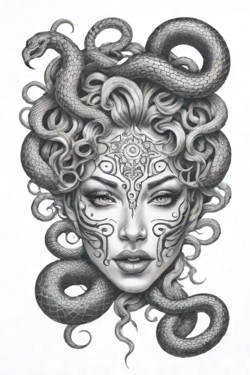 medusa, pretty, black snakes and flowing tears, showing fangs tattoo design idea