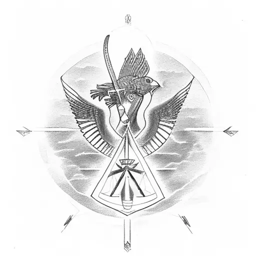 phoenix with clock and ankh cross below with pyramid egypt tattoo design idea