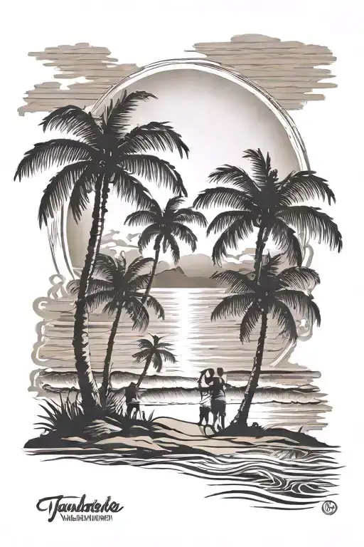 family silhouette beach scene with palm trees tattoo design idea