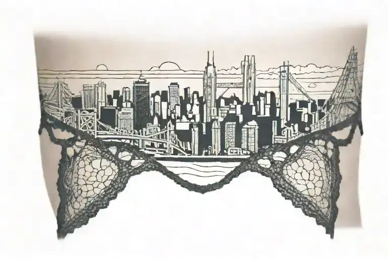 lace garter with skyline upside down of London, hong kong and Brisbane tattoo design idea