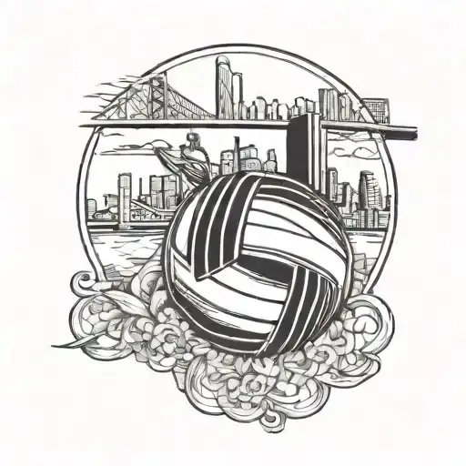 A volleyball with intricate lace garter wrapped around it, set against a city skyline backdrop tattoo design idea