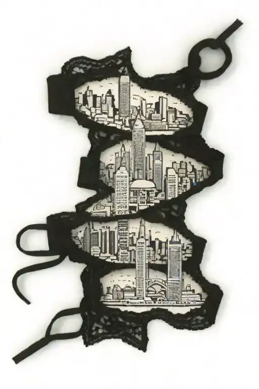 lace garter with skyline upside down of London, Hong Kong and Brisbane tattoo design idea