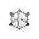 line drawing cross minimal with the words "Re phela ka mogau wa modimo" tattoo design idea