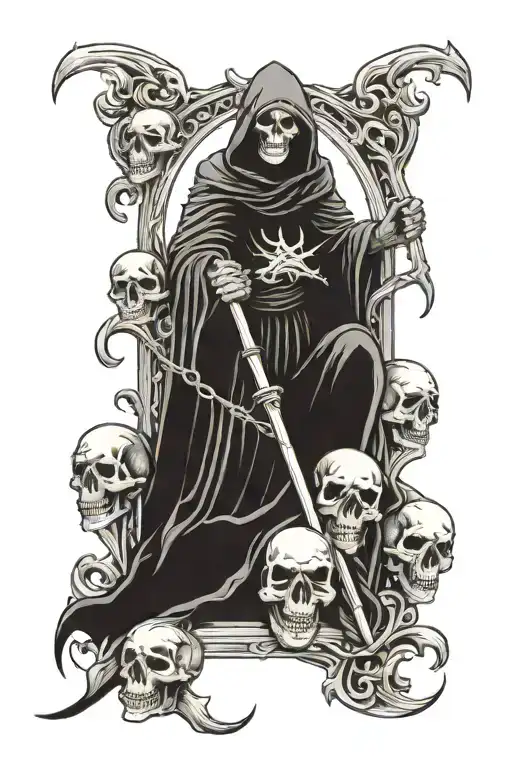 grim reaper standing on skulls surrounded tattoo design idea