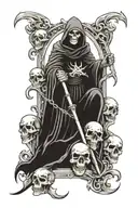 grim reaper standing on skulls surrounded tattoo design idea