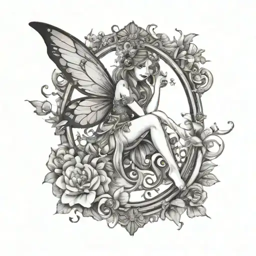 A whimsical fairy sitting on a blooming floral mirror tattoo design idea