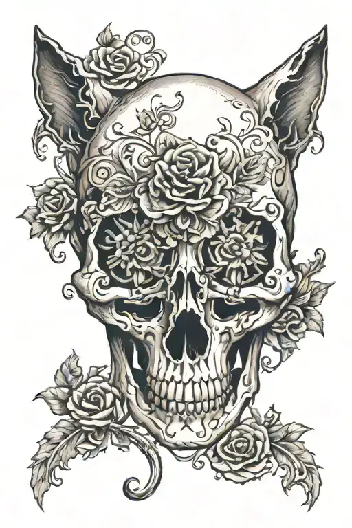 cat skull adorned  tattoo design idea