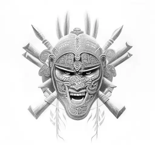 An intricate black-grey tattoo of a warrior with traditional Maori patterns, symbolizing strength and determination tattoo design idea