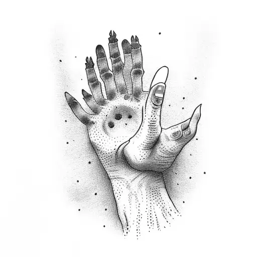 A dotwork tattoo of a witch's hand reaching towards the stars tattoo design idea