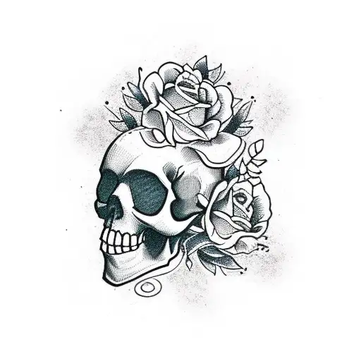  loose sketchy blackwork skull with flowers poking through the skull tattoo design idea