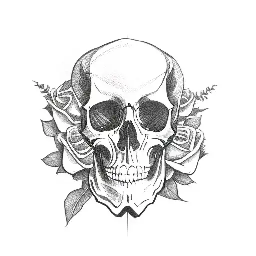 loose sketchy blackwork skull with flowers poking through the skull tattoo design idea