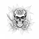  loose sketchy blackwork skull with flowers poking through the skull tattoo design idea