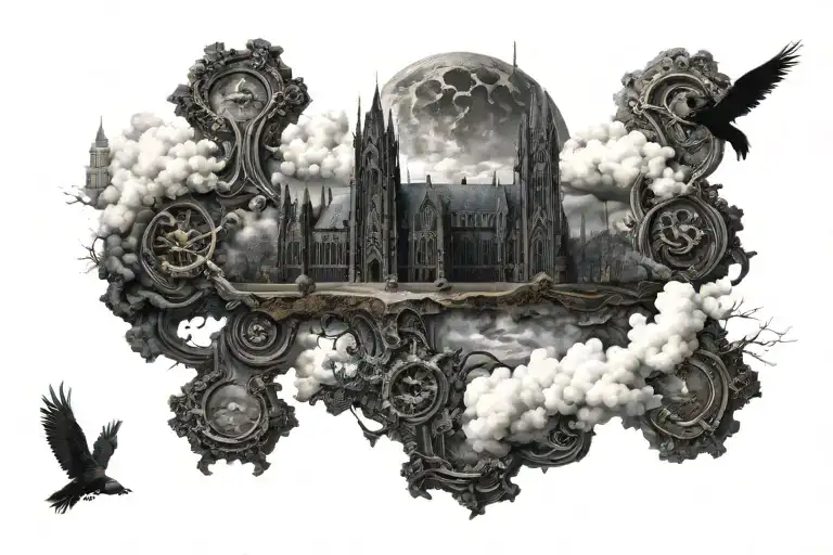 dark evil gothic cathedral in a hell scape  sitting on the clouds with a starcase leading to it tattoo design idea